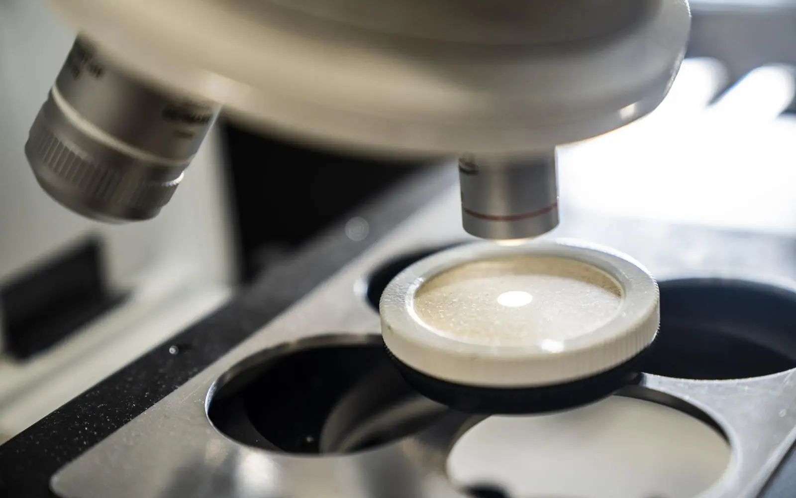 Microscopio argentato per analisi scientifiche in laboratorio da Gatti Filtrazioni Lubrificanti.